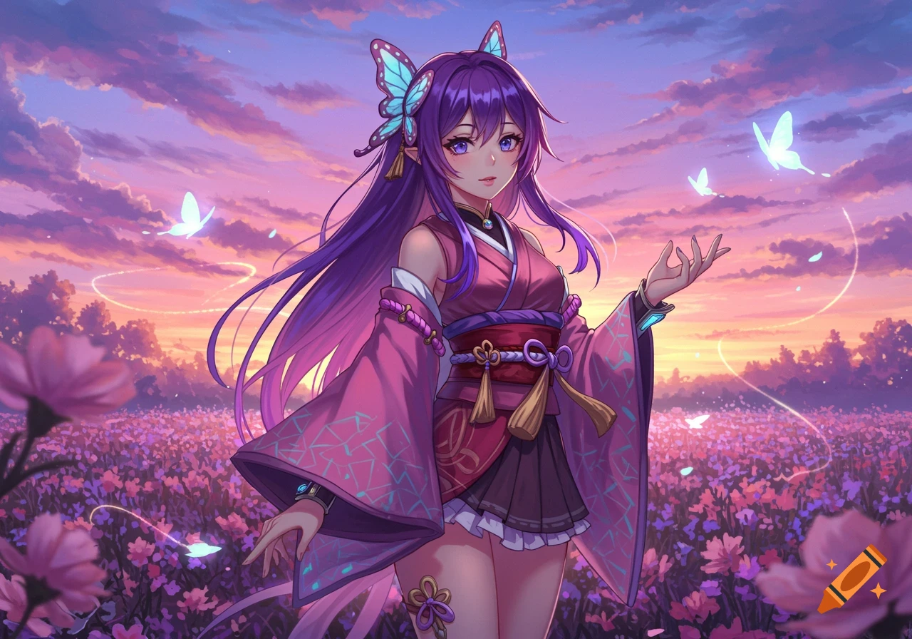 An anime girl with long purple hair and butterfly ears stands in a field of purple flowers at sunset with glowing butterflies.
