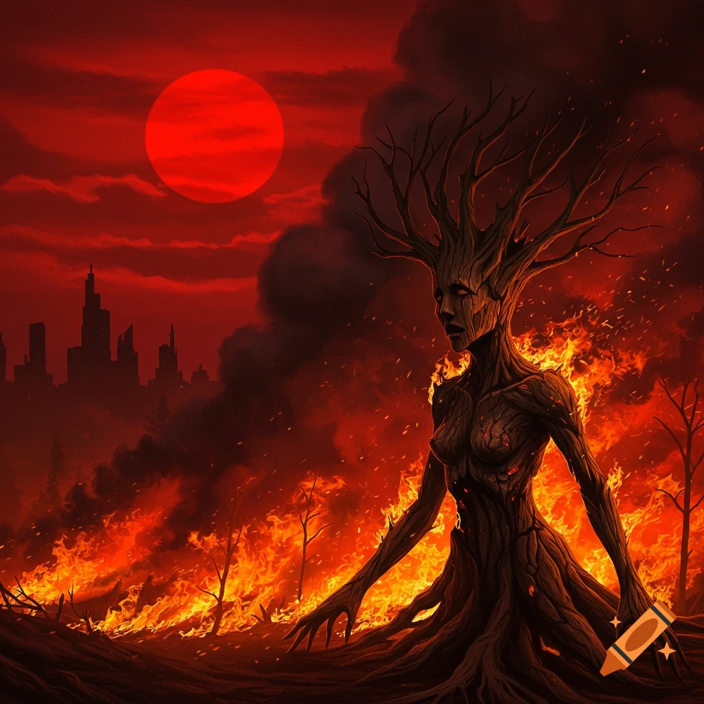 A tree-like woman stands amidst a raging forest fire under a blood-red sky and sun, with a silhouetted city in the background.