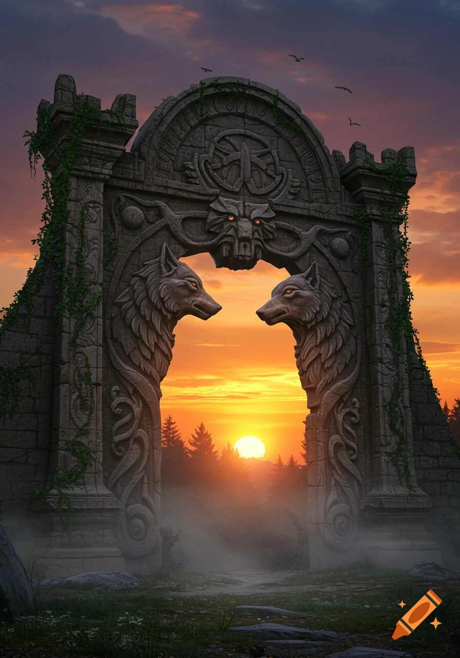 An ancient, ornate stone archway with carved wolf heads at sunset, mist on the ground.