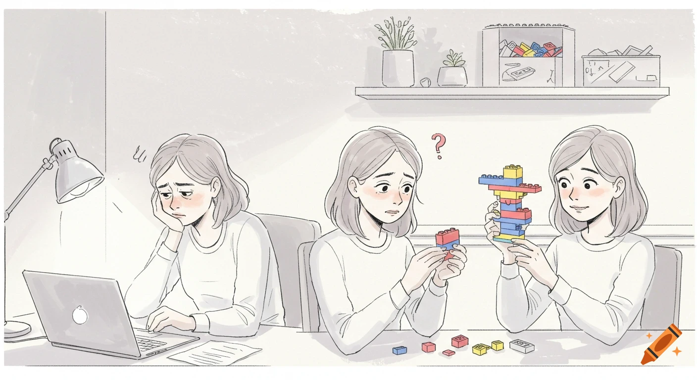 A doodle-style image showing a woman in three panels: stressed working on a laptop, then focused and confused while starting to build with colorful Lego bricks, and finally happy with her completed Lego creation.