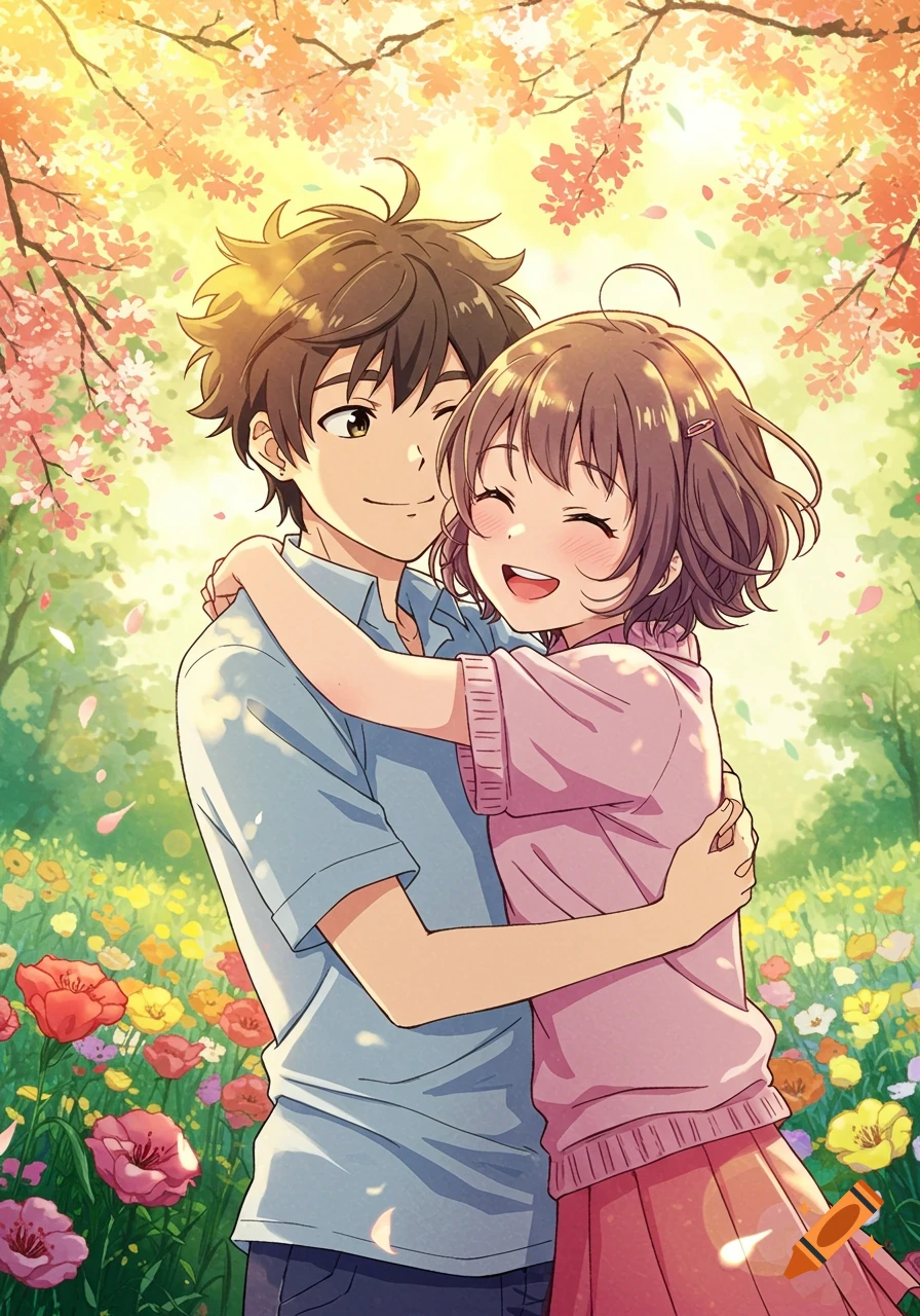 Anime couple hugging in a field of colorful flowers under a sunny sky.