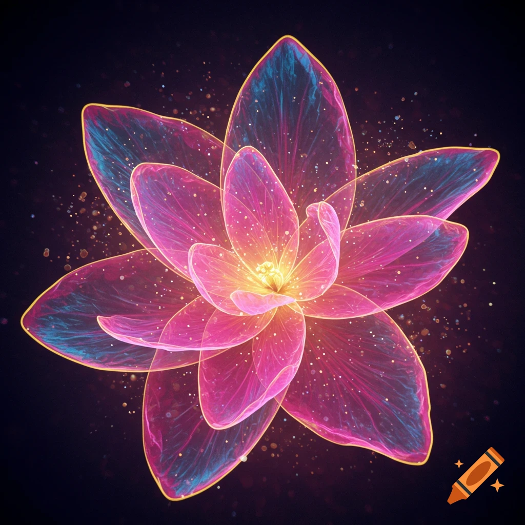 A vibrant, glowing, ethereal pink and blue lotus flower with sparkling particles on a dark background.