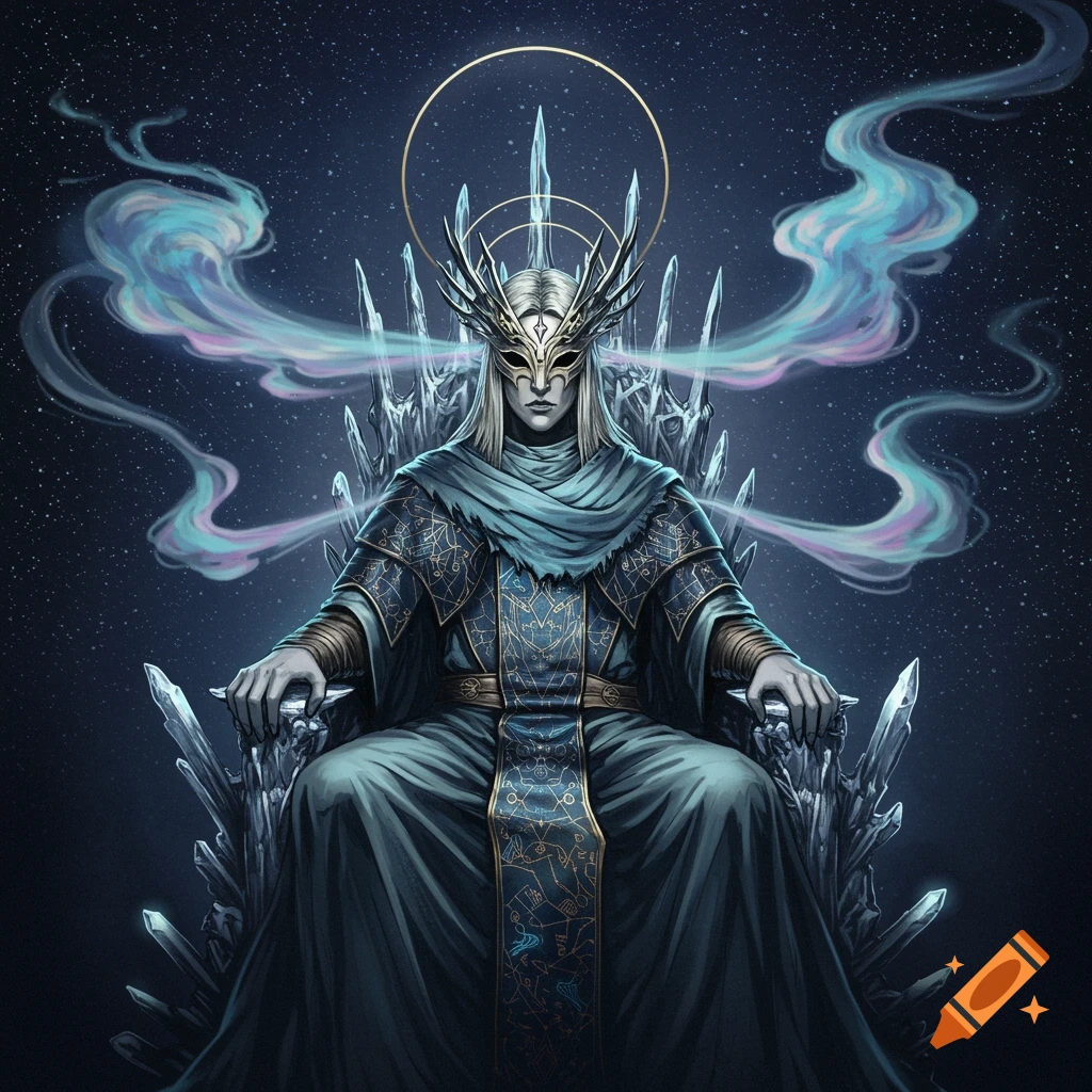 A masked figure with long white hair and a crown of antlers sits on an icy throne against a starry night sky, ethereal smoke around them.