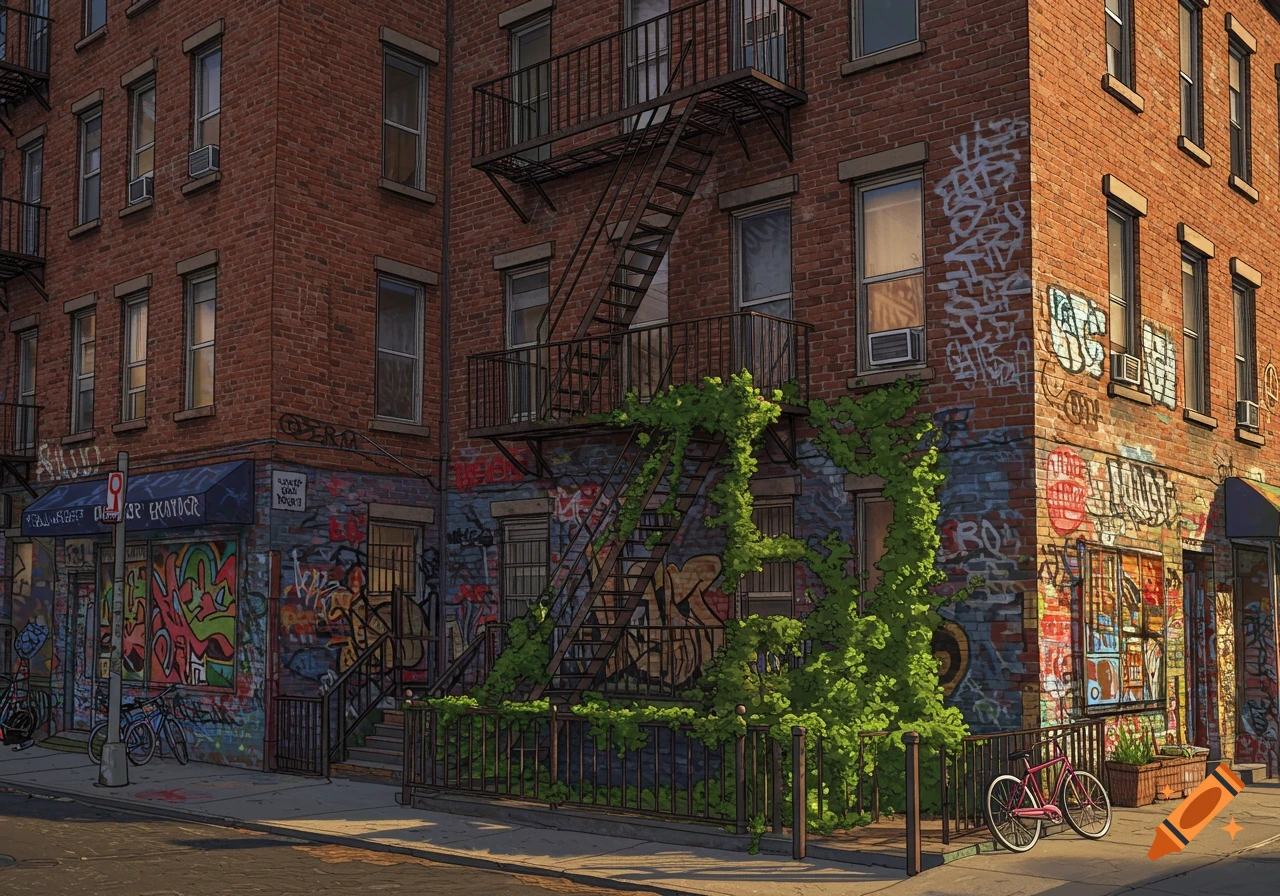 A vibrant, cartoonish illustration of a brick building in a city, covered in colorful graffiti with fire escapes and a blue awning, with bicycles parked on the street.