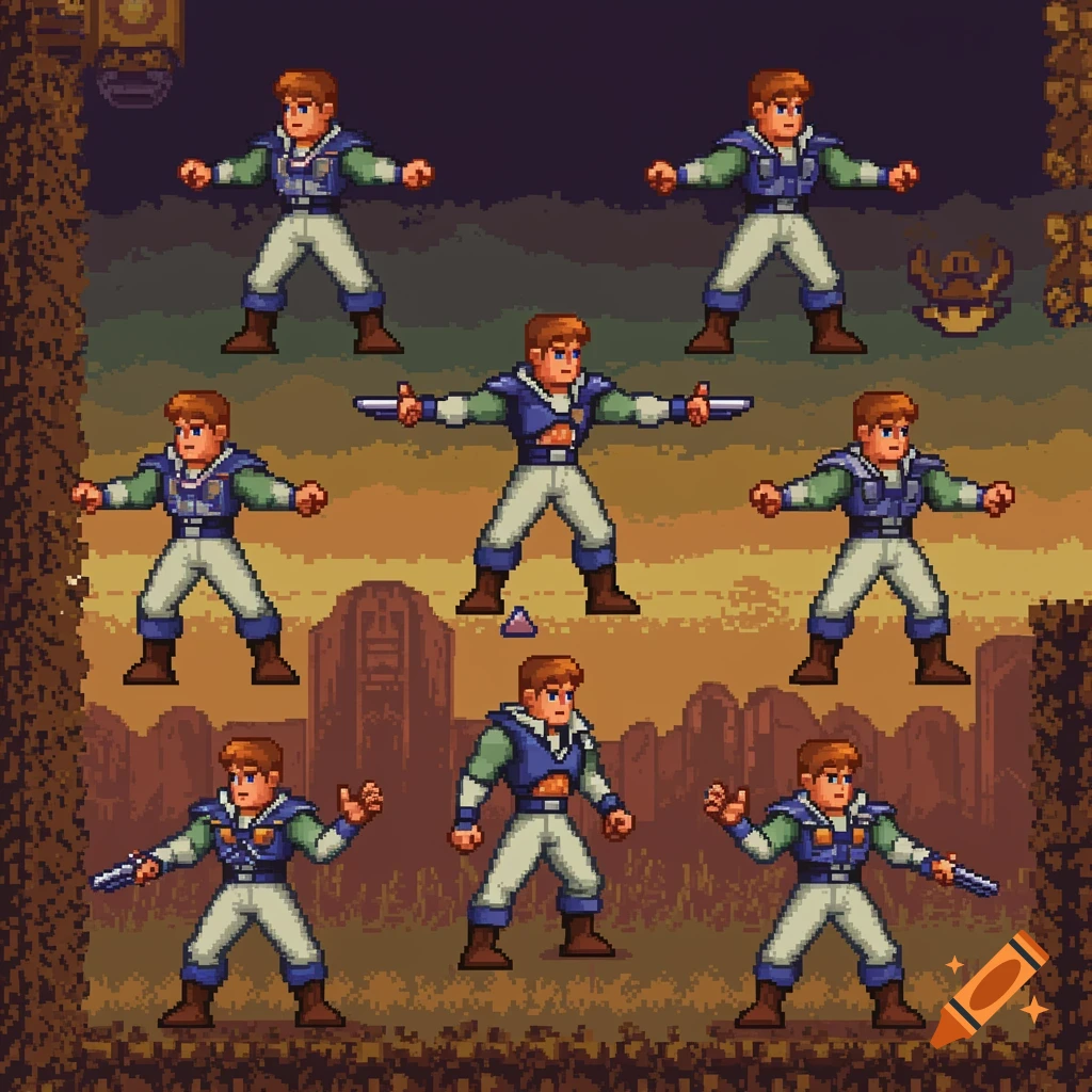 A grid of pixel art sprites depicting a male character in a blue and green outfit against a brown, pixelated landscape background.