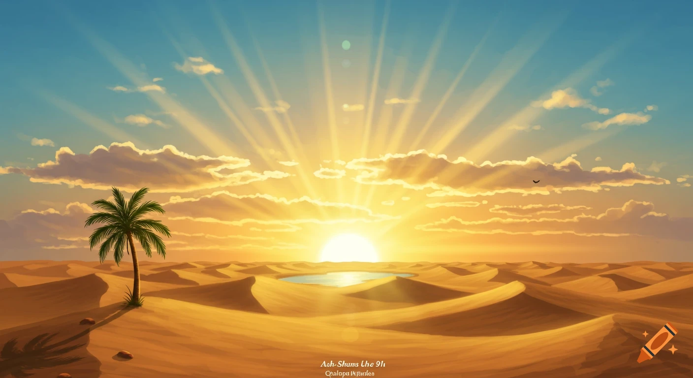 A vibrant desert landscape illustration with golden sand dunes under a clear blue sky. A bright sun sets or rises on the horizon, casting long rays and illuminating the clouds. A single palm tree stands on a dune to the left, and a small oasis lake is visible in the distance.