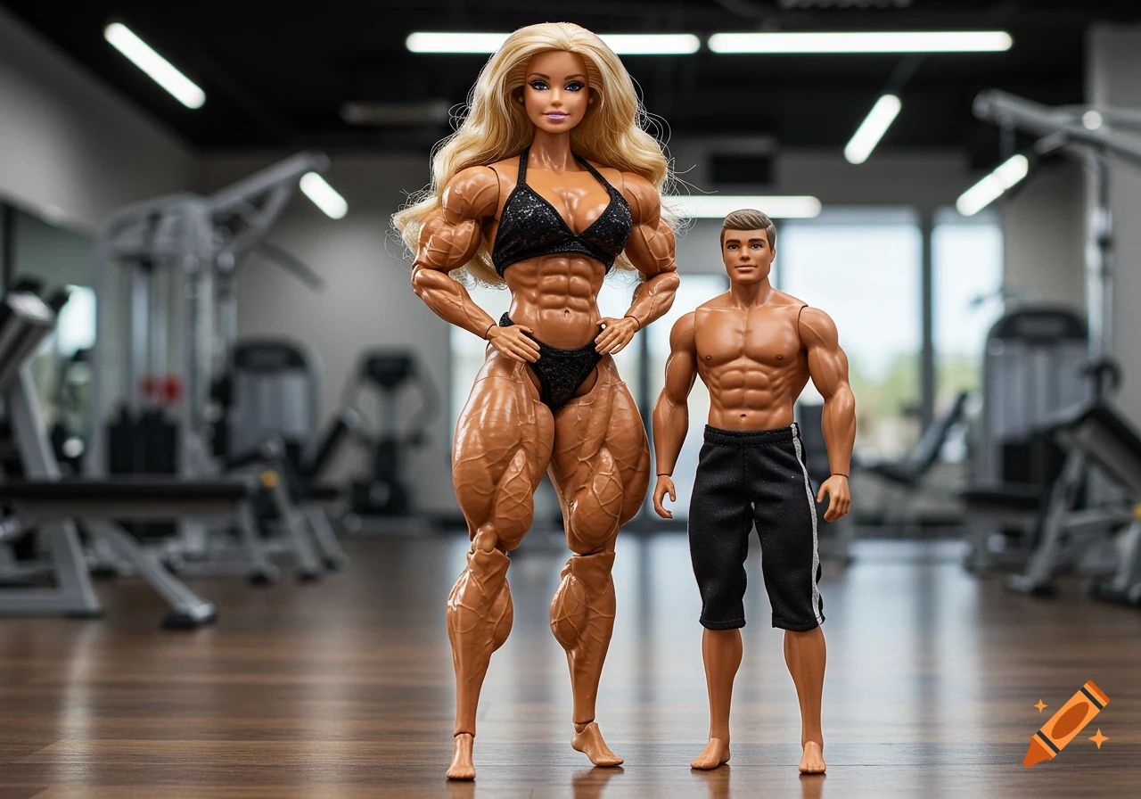 A muscular female Barbie doll in a bikini poses next to a less muscular Ken doll in shorts in a gym.
