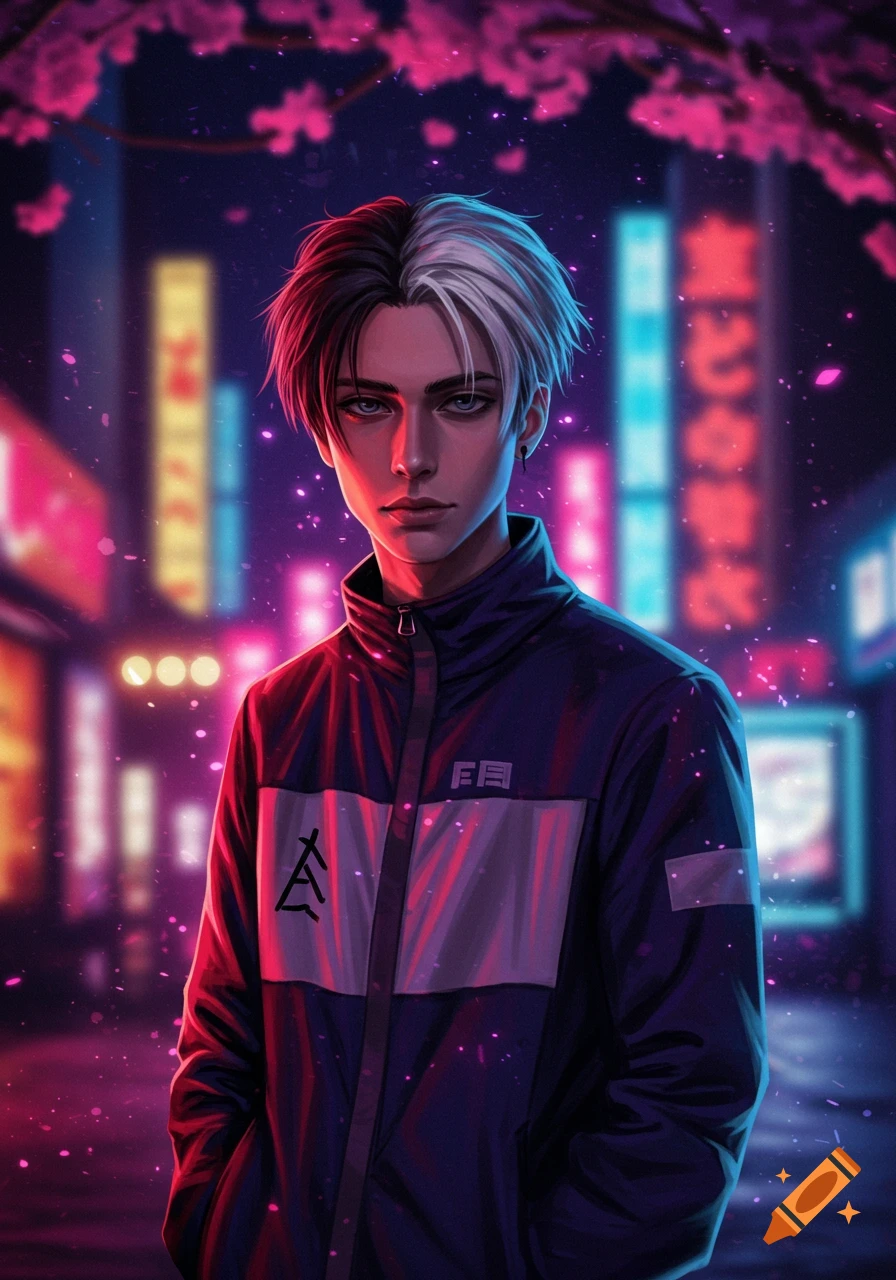 Anime-style portrait of a young man with split black and white hair in a neon-lit cyberpunk city at night.