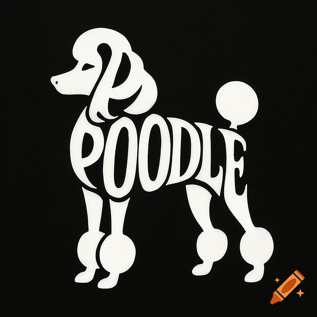 White silhouette of a poodle made from the letters spelling "POODLE" against a black background.