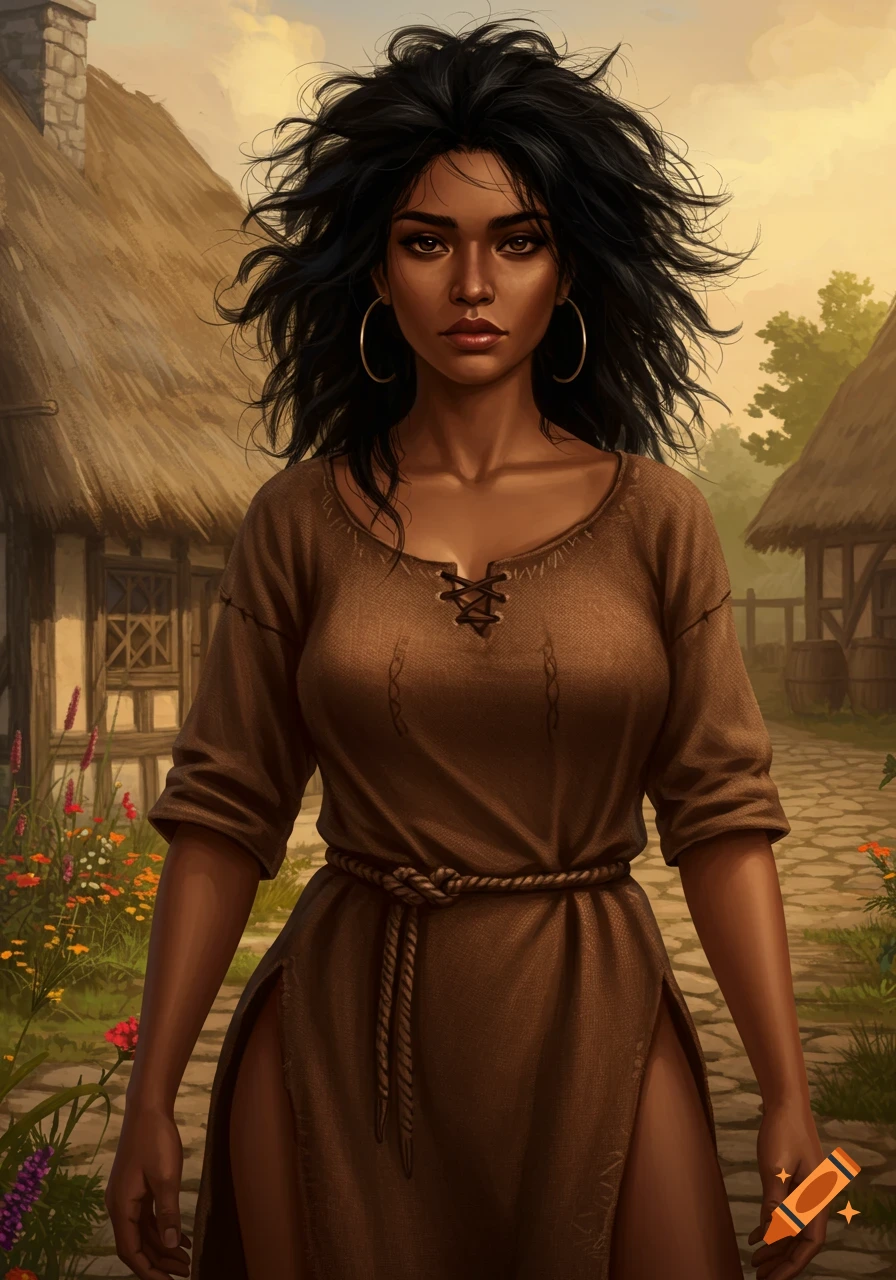 A dark-skinned woman with messy black hair in a brown medieval commoner dress stands in a village path.