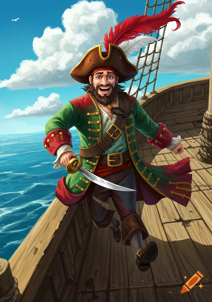 A cheerful, animated pirate runs on a ship's deck, sword in hand, with the sea and blue sky behind him.