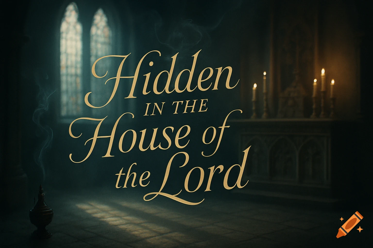 Sermon title slide 'Hidden in the House of the Lord' in a dimly lit church interior with stained glass windows and candles.