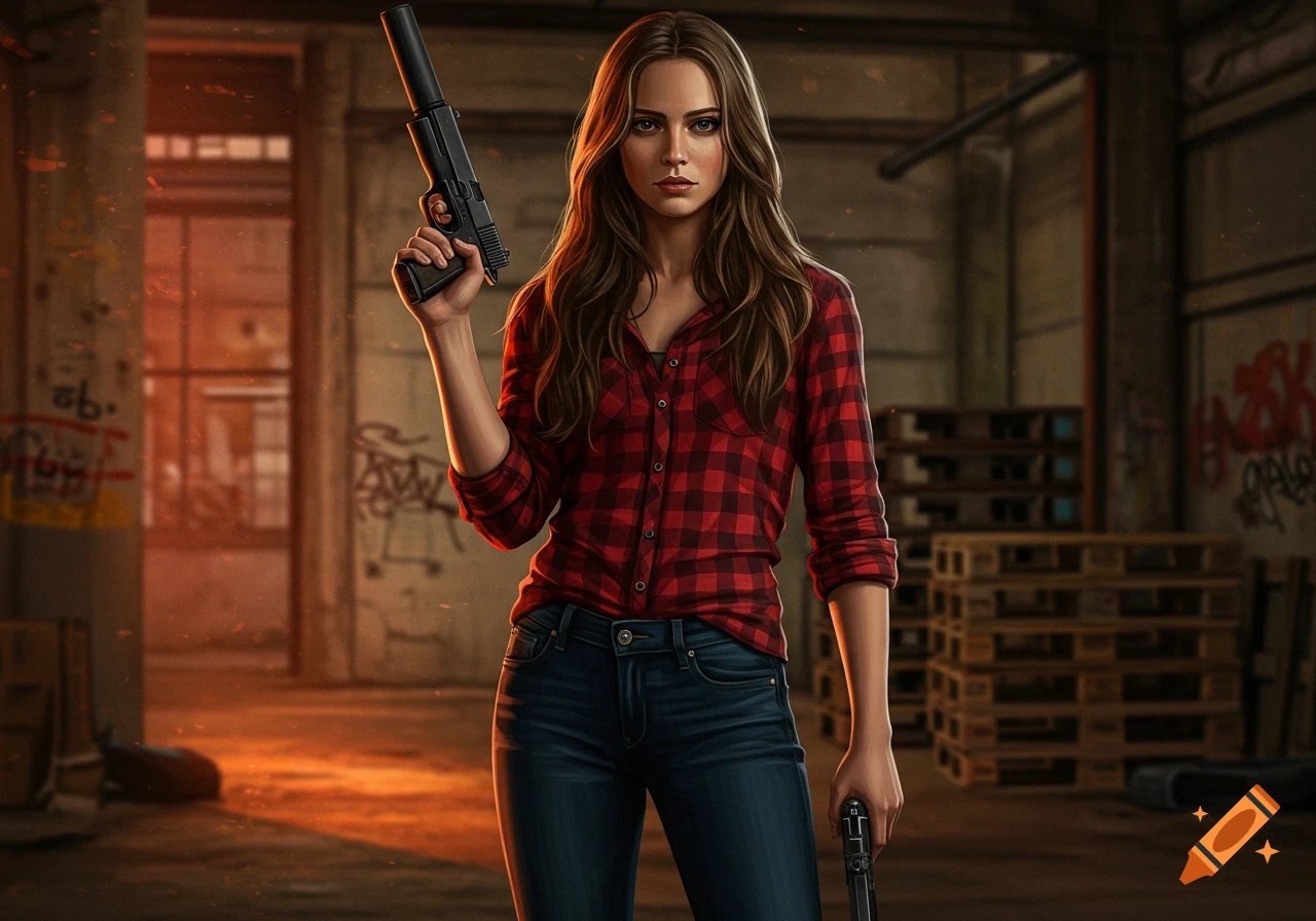 A serious woman with long brown hair, wearing a red plaid shirt and blue jeans, holds a pistol with a silencer and another handgun in an industrial setting.