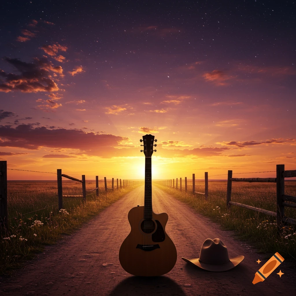 A photorealistic image of an acoustic guitar and a cowboy hat on a dirt road at sunset with stars in the sky.