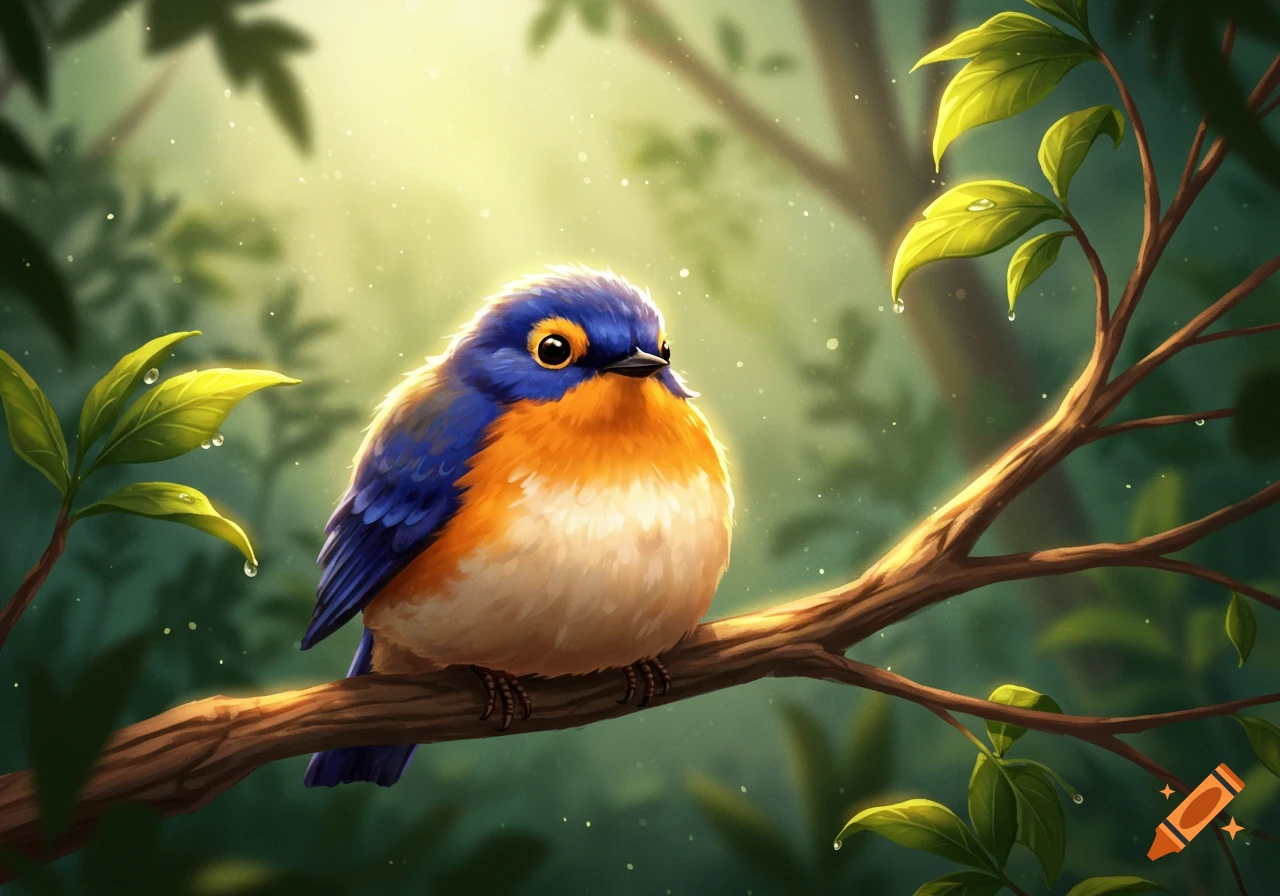 A cute, plump blue and orange bird sits on a tree branch in a sunny, green forest illustration.