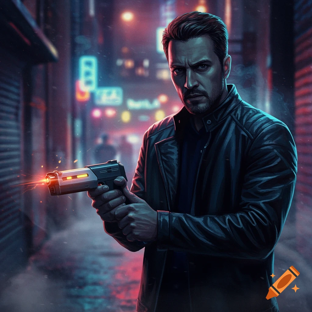 A man in a leather jacket holds a futuristic taser in a neon-lit cyberpunk alley.