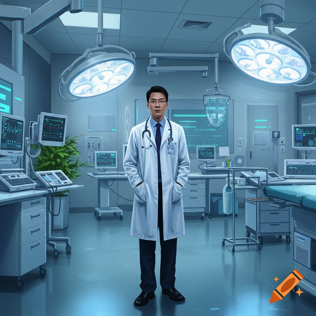 A serious Asian male doctor in a white lab coat and stethoscope stands in a bright, modern operating room filled with medical equipment.