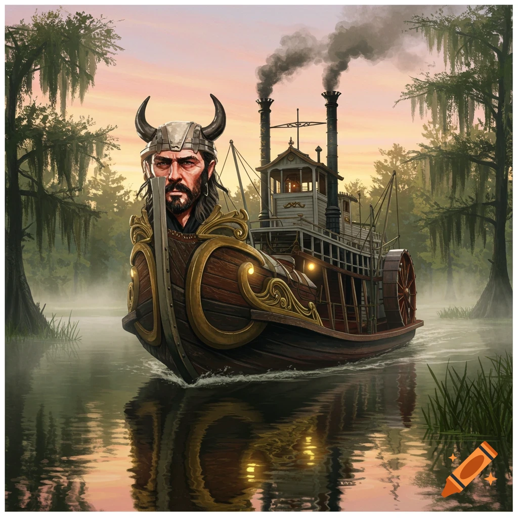 A man with a horned helmet as the bow of a steamboat sailing through a misty swamp at sunset.