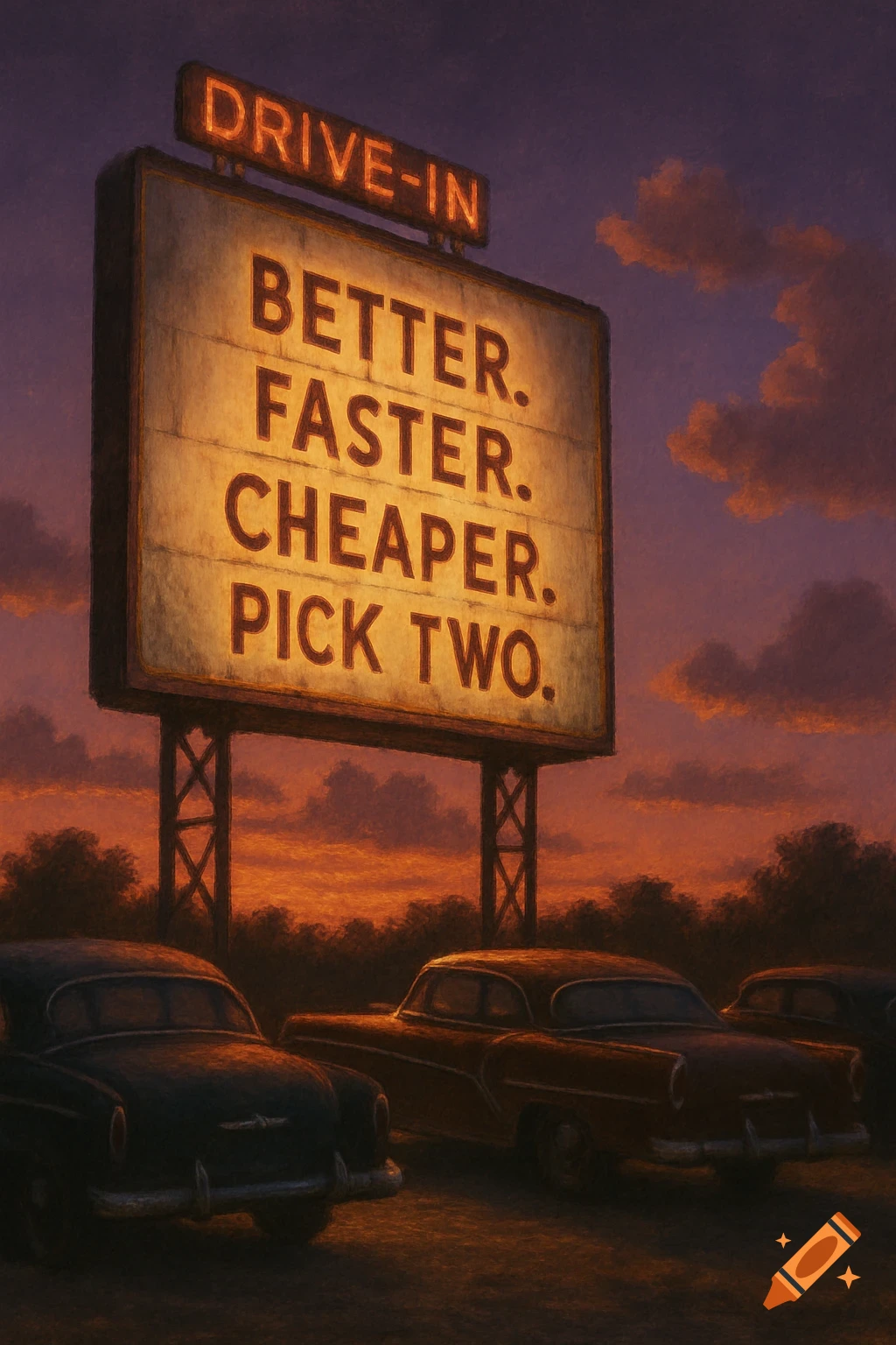 Painterly image of a retro drive-in sign 'Better. Faster. Cheaper. Pick Two.' at sunset with vintage cars.