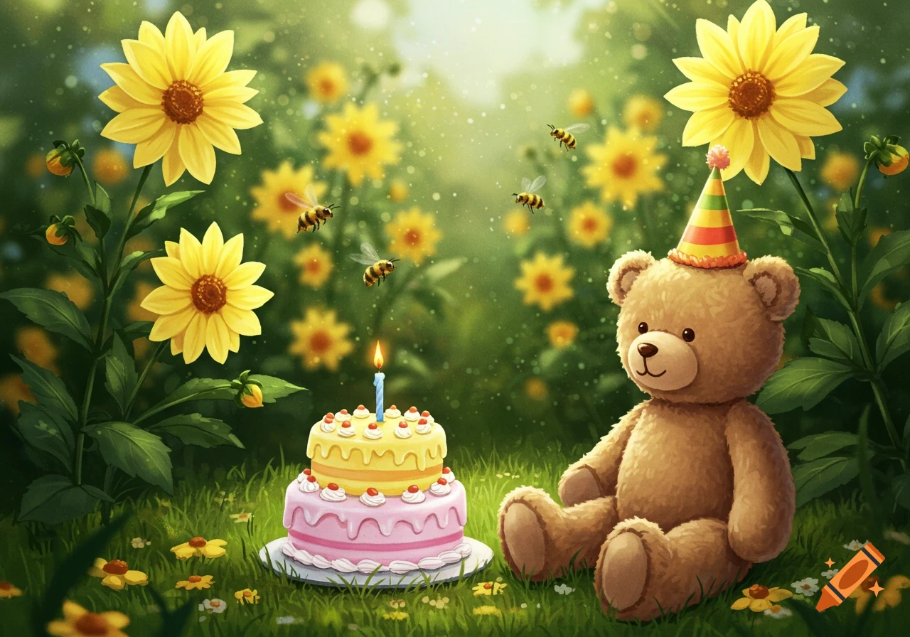 A cute teddy bear wearing a party hat sits in a sunny field with yellow dahlia flowers and flying bees, next to a birthday cake.
