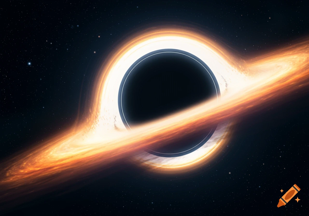 A hyper-realistic depiction of a black hole with a glowing orange and white accretion disk against a starry cosmic background.