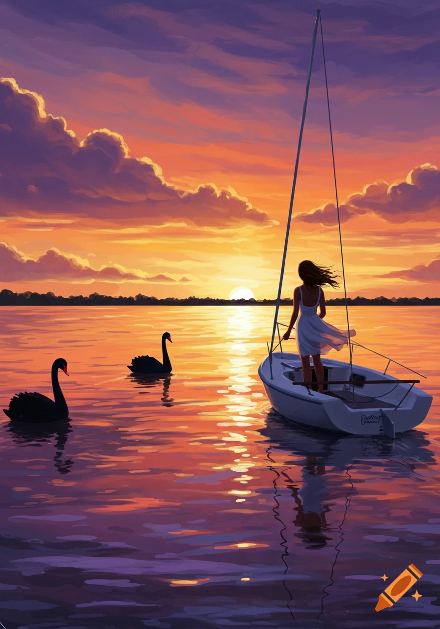 A woman in a white dress stands on a small sailboat on a lake with two black swans, under a vibrant orange and purple sunset.