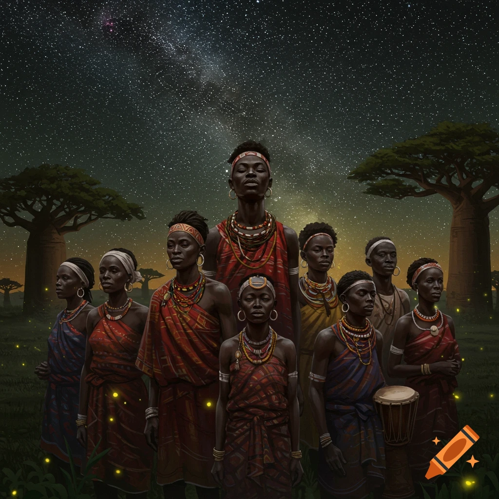 A group of people in traditional African attire stand in a field under a starry night sky with baobab trees and fireflies.