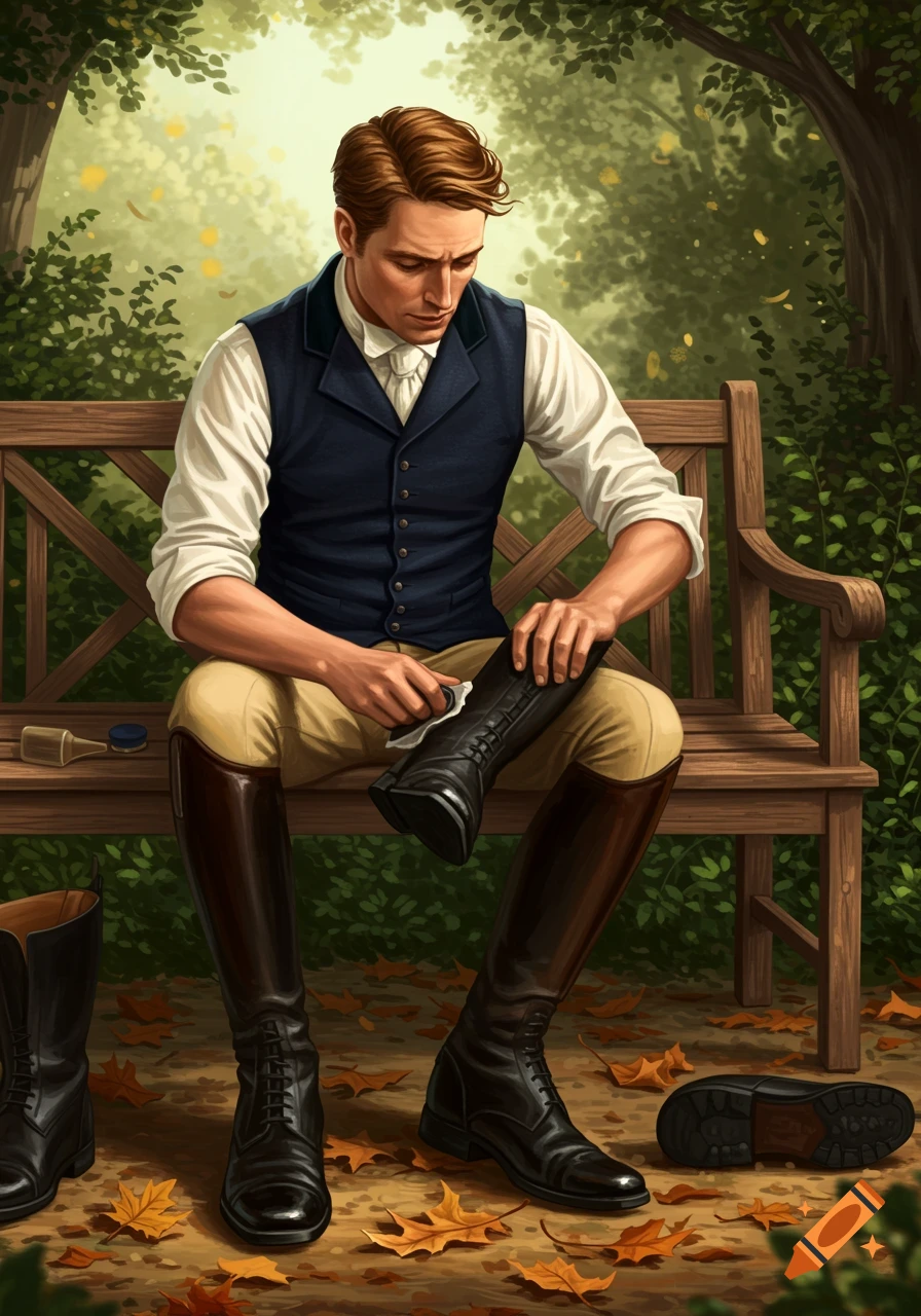 A man in a waistcoat and riding boots sits on a bench, cleaning his boots in a sunlit, leafy outdoor setting with autumn leaves.