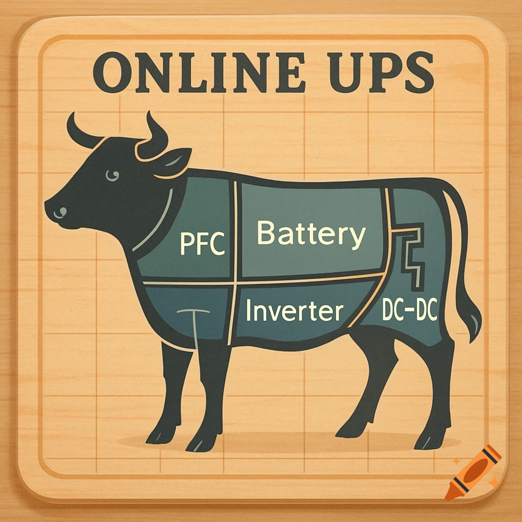 A stylized diagram of a cow on a wooden board, with sections labeled 'PFC', 'Battery', 'Inverter', and 'DC-DC', titled 'ONLINE UPS'.