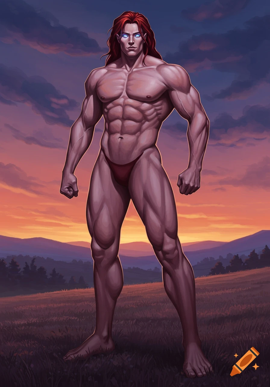 A tall, muscular man with red hair and glowing blue eyes in a red brief, standing in a field at sunset.