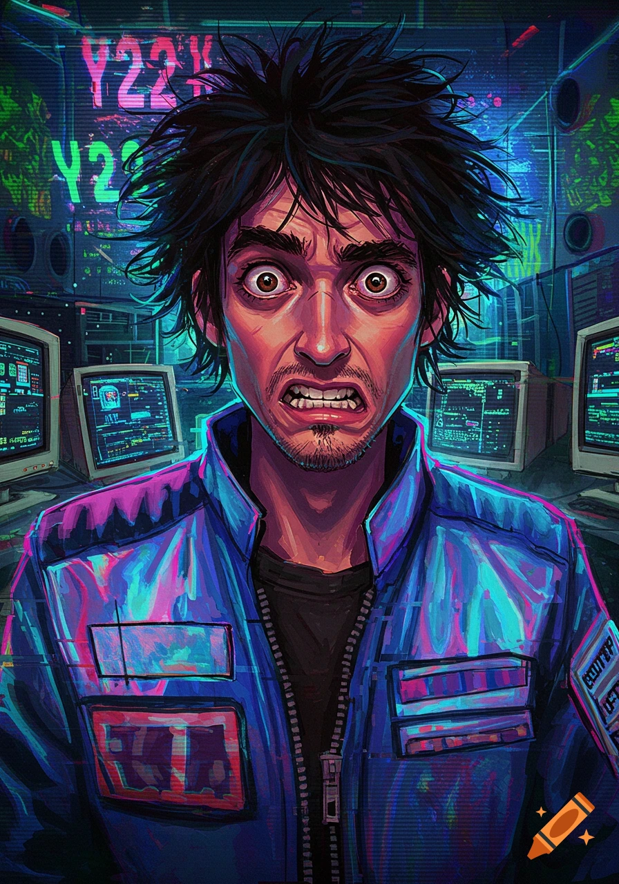A terrified man with wild hair and wide eyes stares forward in a neon-lit, glitchy Y2K-themed computer room, digital art.