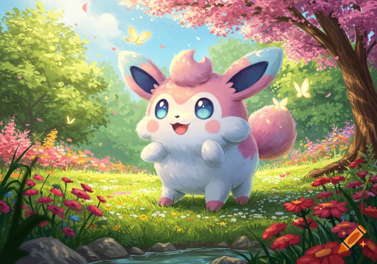 A cute pink and white creature with large blue eyes smiles in a colorful spring meadow with blooming flowers and butterflies.