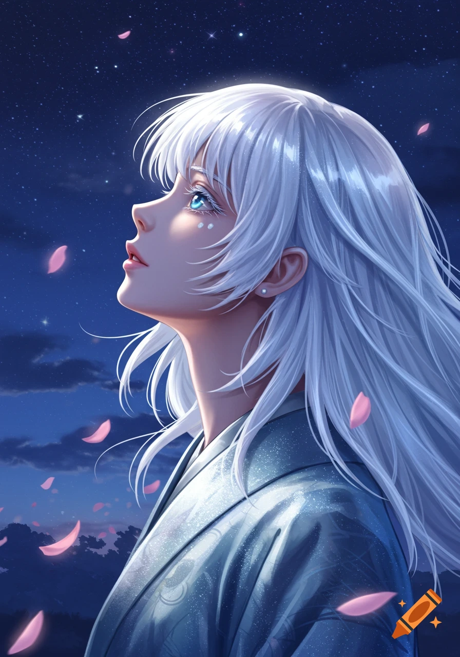 An anime girl with white hair and blue eyes looking up at a starry night sky, wearing a silver-blue kimono, in profile view.