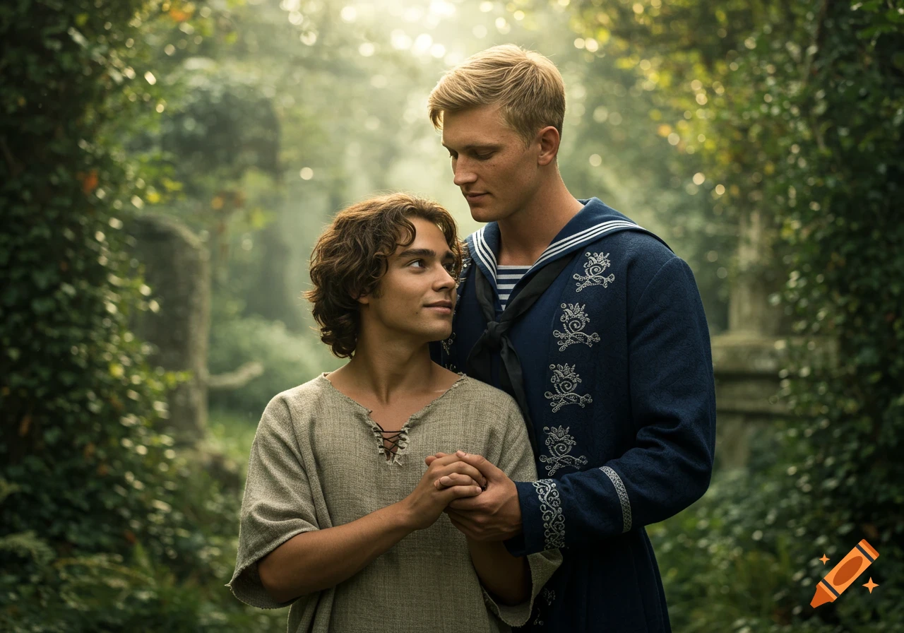 Two men, one a blonde sailor and the other with wavy brown hair in rustic clothes, hold hands and gaze at each other in a sunlit forest.