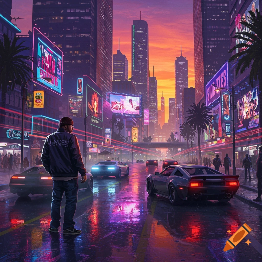 A stylized, neon-lit cityscape at dusk with a person standing on a wet street, surrounded by futuristic cars and glowing billboards.