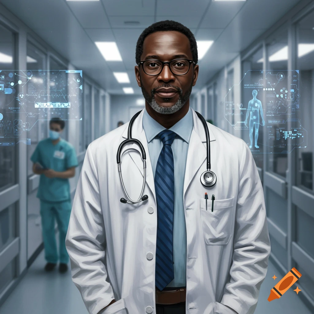 A photorealistic portrait of a Black doctor with glasses and a stethoscope, standing in a hospital hallway with futuristic holographic displays.