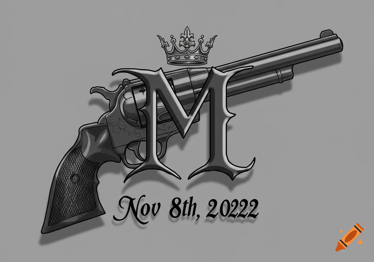 Stylized black and white illustration of a revolver gun with a large letter M and crown on top, and the date 'Nov 8th, 2022' below.