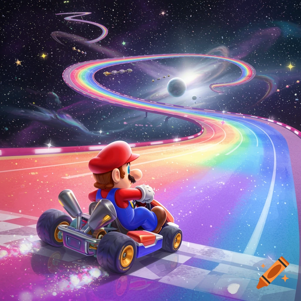 Mario drives a kart on a vibrant rainbow road winding through outer space, with stars and planets visible.