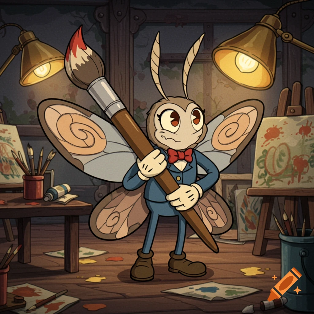 A Cuphead-style moth character holding a large paintbrush, standing in a dimly lit art studio with easels and paint supplies.