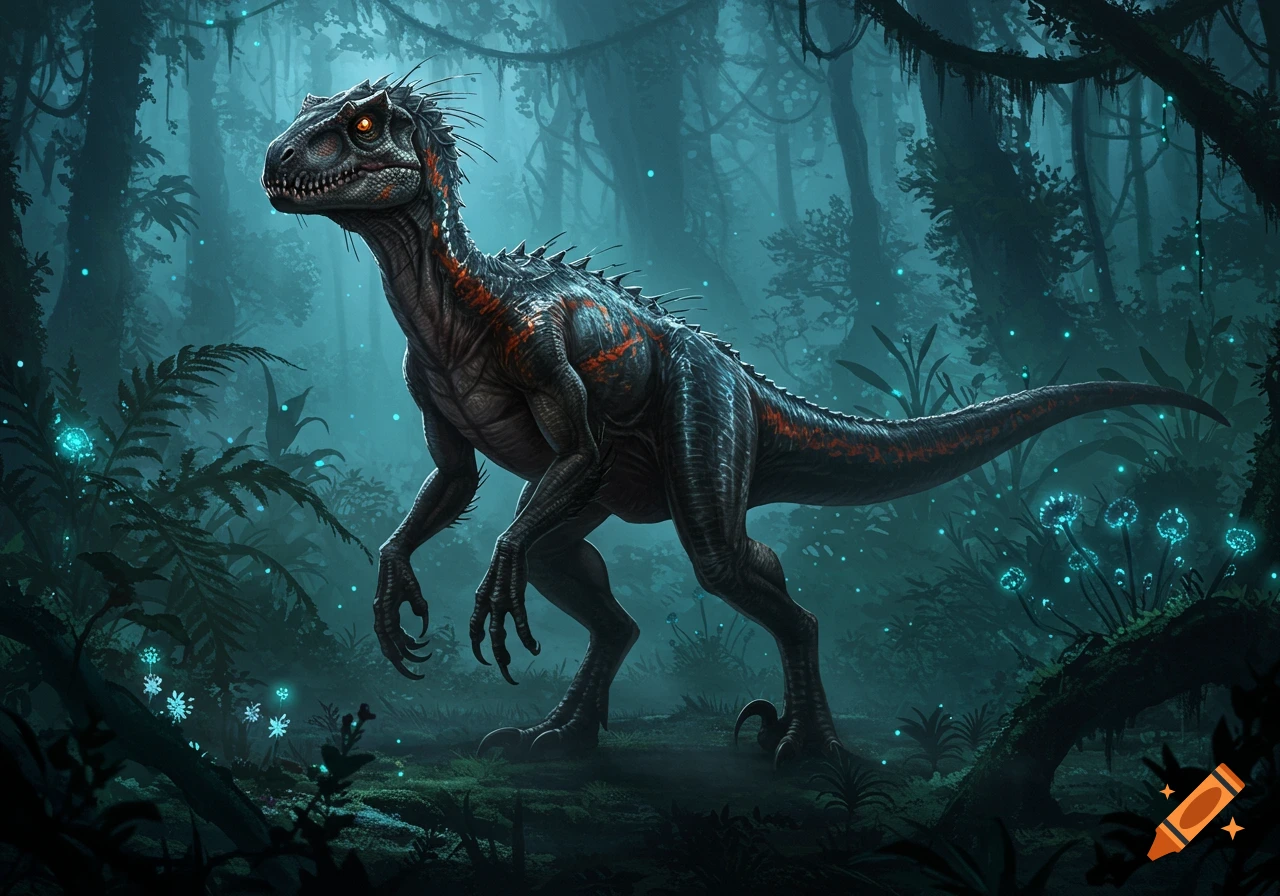 A menacing, dark dinosaur-like creature with glowing eyes and orange markings stands in a bioluminescent jungle.