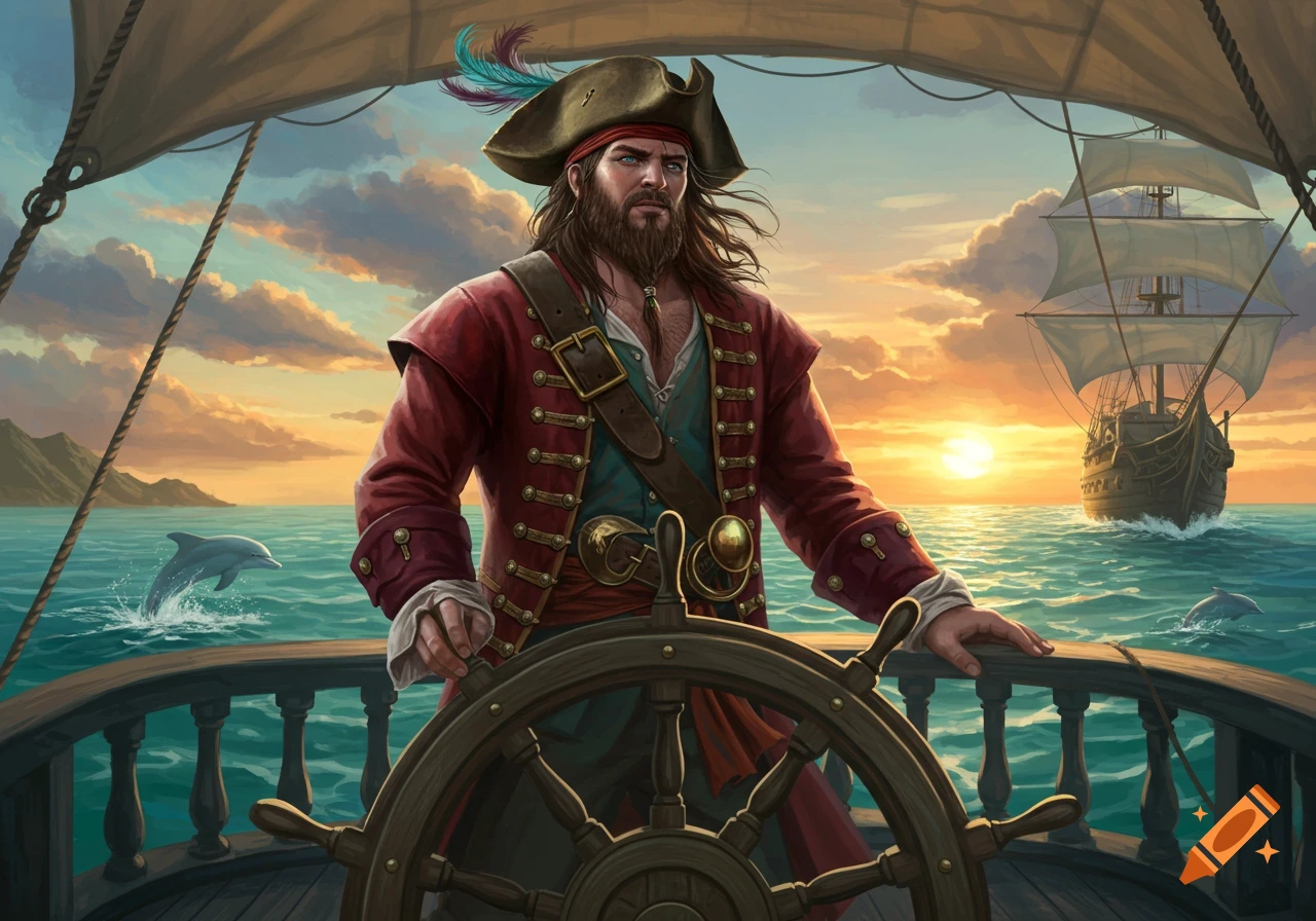 A bearded pirate stands at the helm of a ship during sunset, with dolphins jumping in the ocean and another ship in the distance. Digital painting.