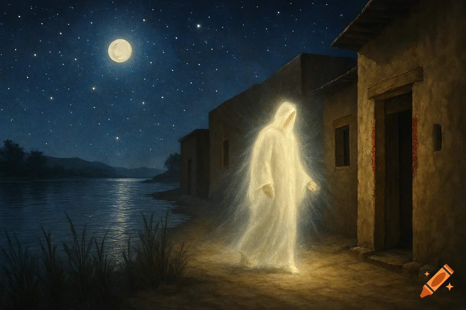 A glowing, spectral figure in a white robe walks along a path beside a river under a starry night sky with a full moon, ancient buildings in the background.