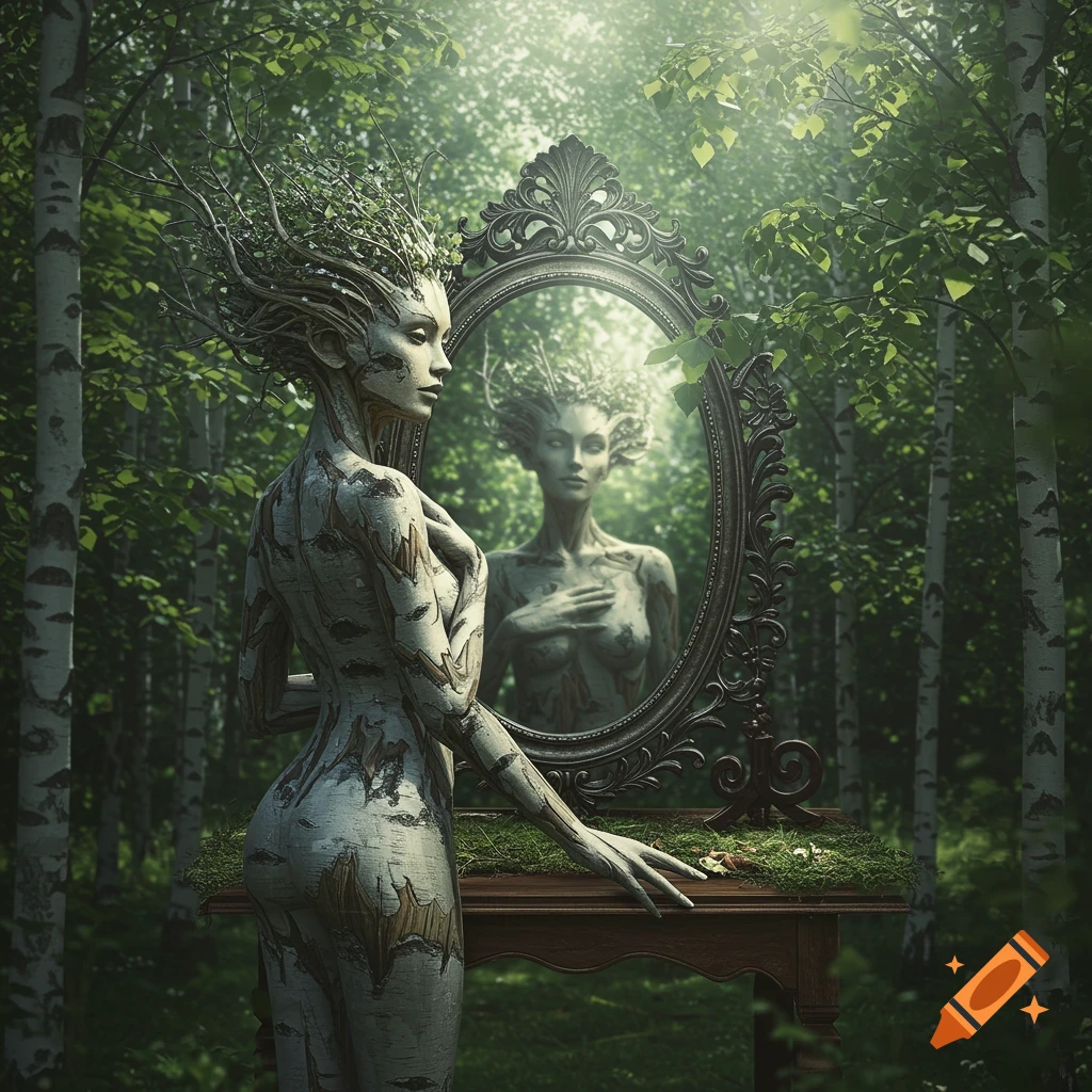 A stylized woman made of silver birch bark with leafy hair admires her reflection in an ornate mirror in a sunlit forest.