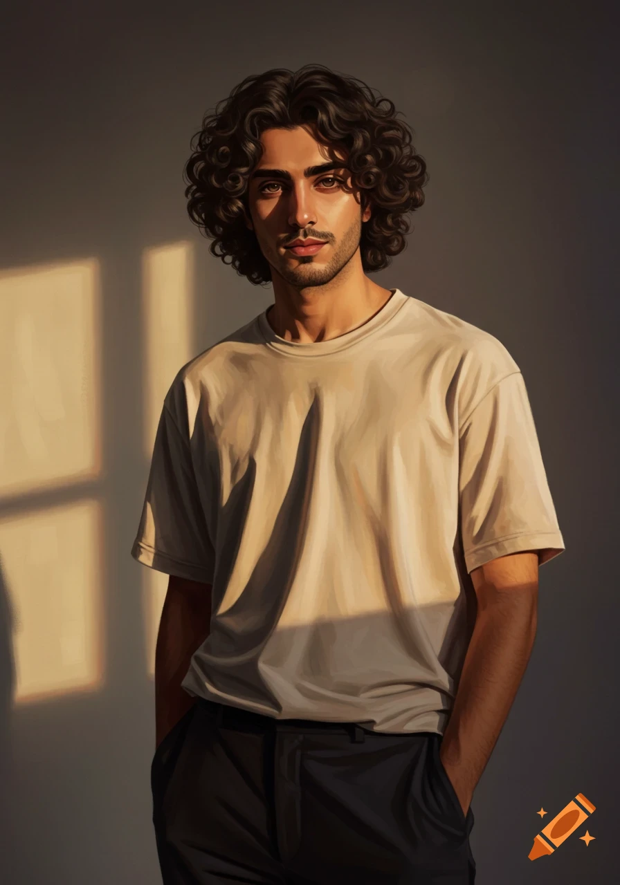 Digital painting of a young man with curly hair and beard, wearing a beige t-shirt, standing in soft window light.