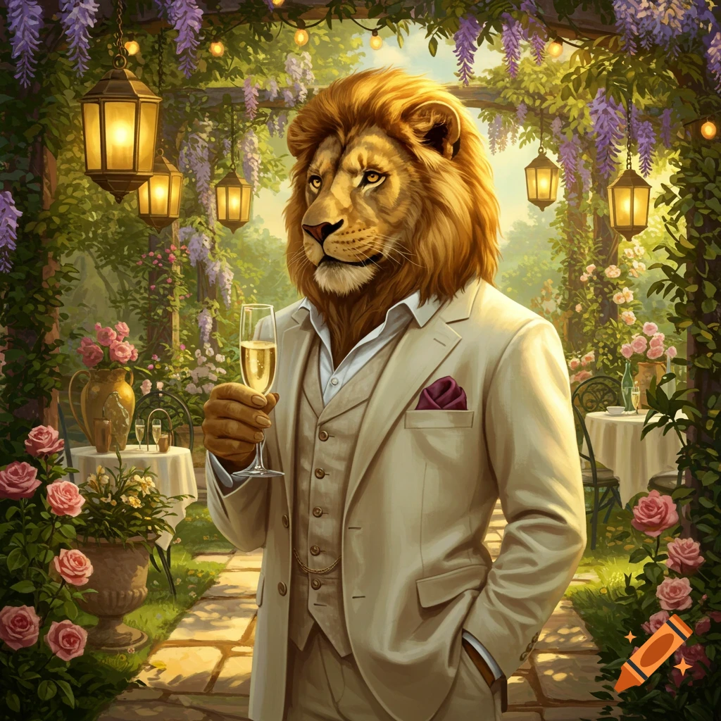 An anthropomorphic lion in a cream suit holds a champagne flute in a lush garden with wisteria and lanterns.