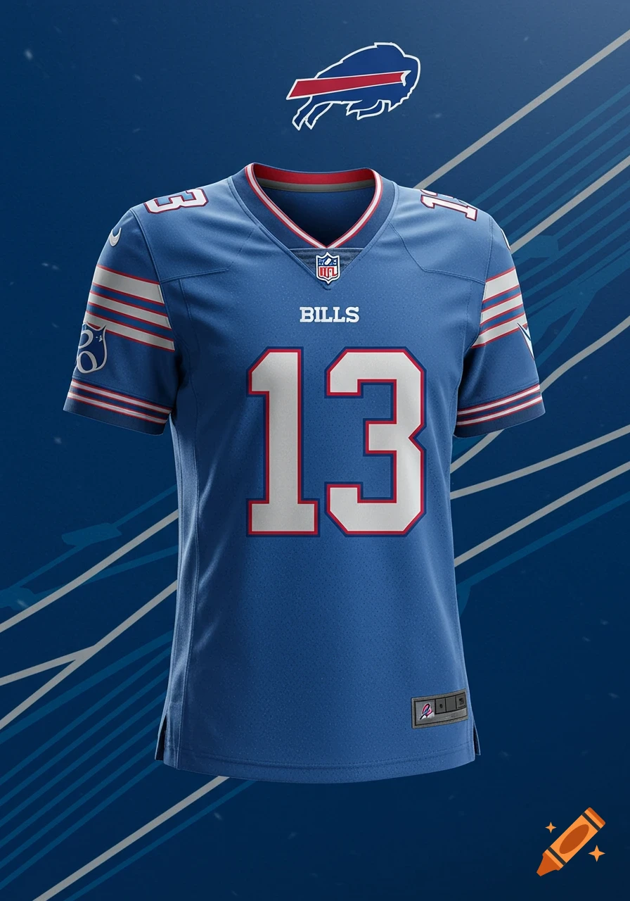 A blue Buffalo Bills football jersey with the number 13 on the front and the team logo above it, rendered against a blue background.