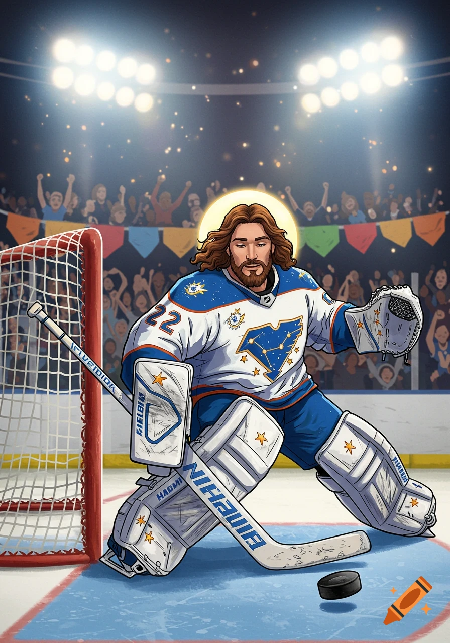 Cartoon Jesus Christ depicted as a hockey goalie in a white and blue uniform, crouched on ice in a stadium with a net behind him.