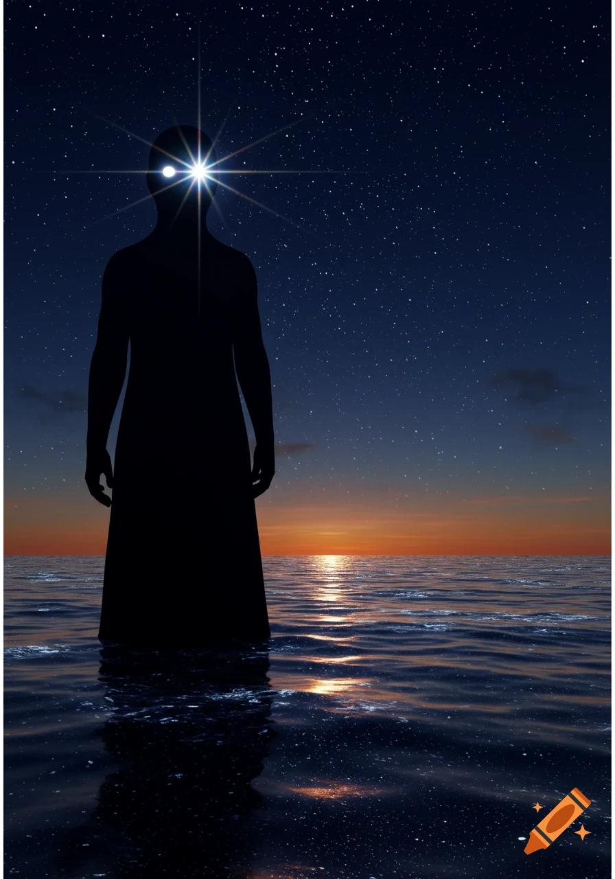 A silhouette figure with a glowing starburst light on its head stands in the ocean at sunset under a starry night sky.