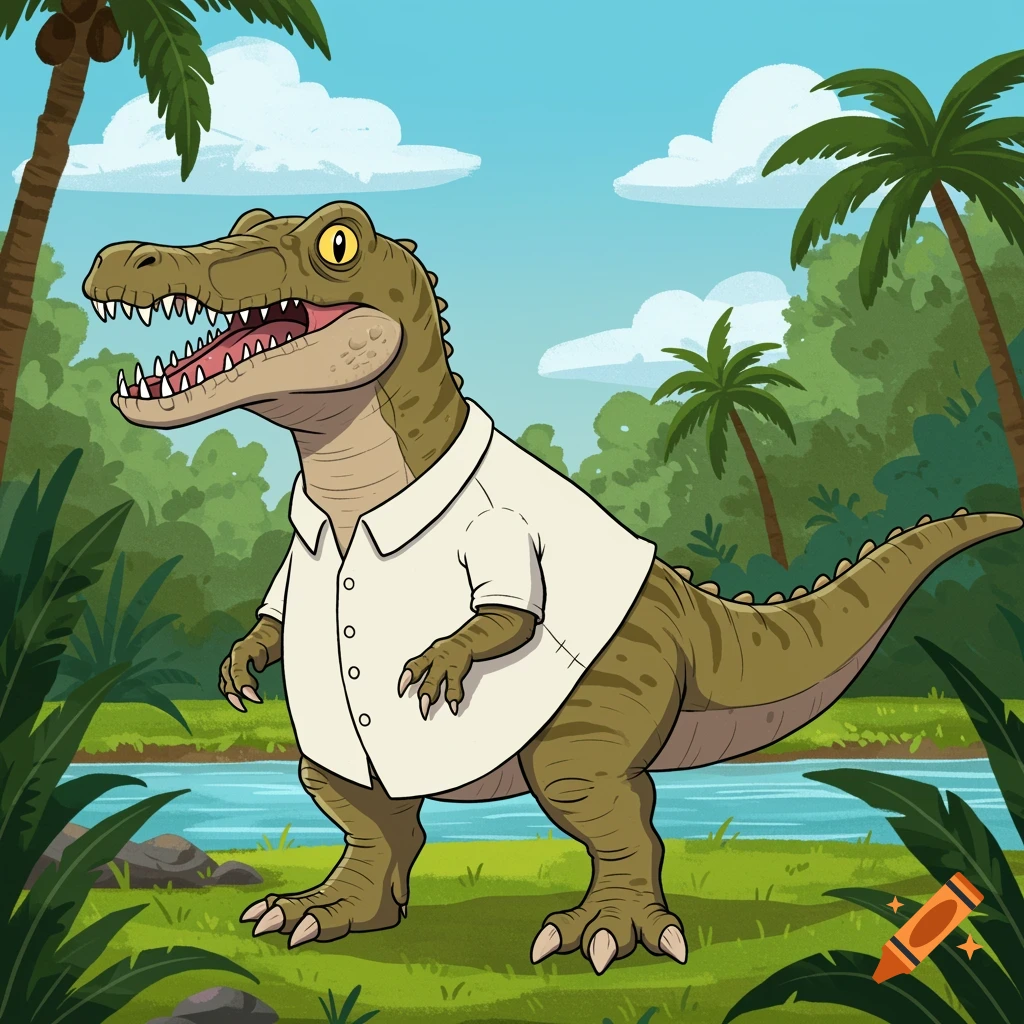 A cartoon Baryonyx dinosaur wearing a white button-down shirt stands in a lush green jungle next to a river under a blue sky.