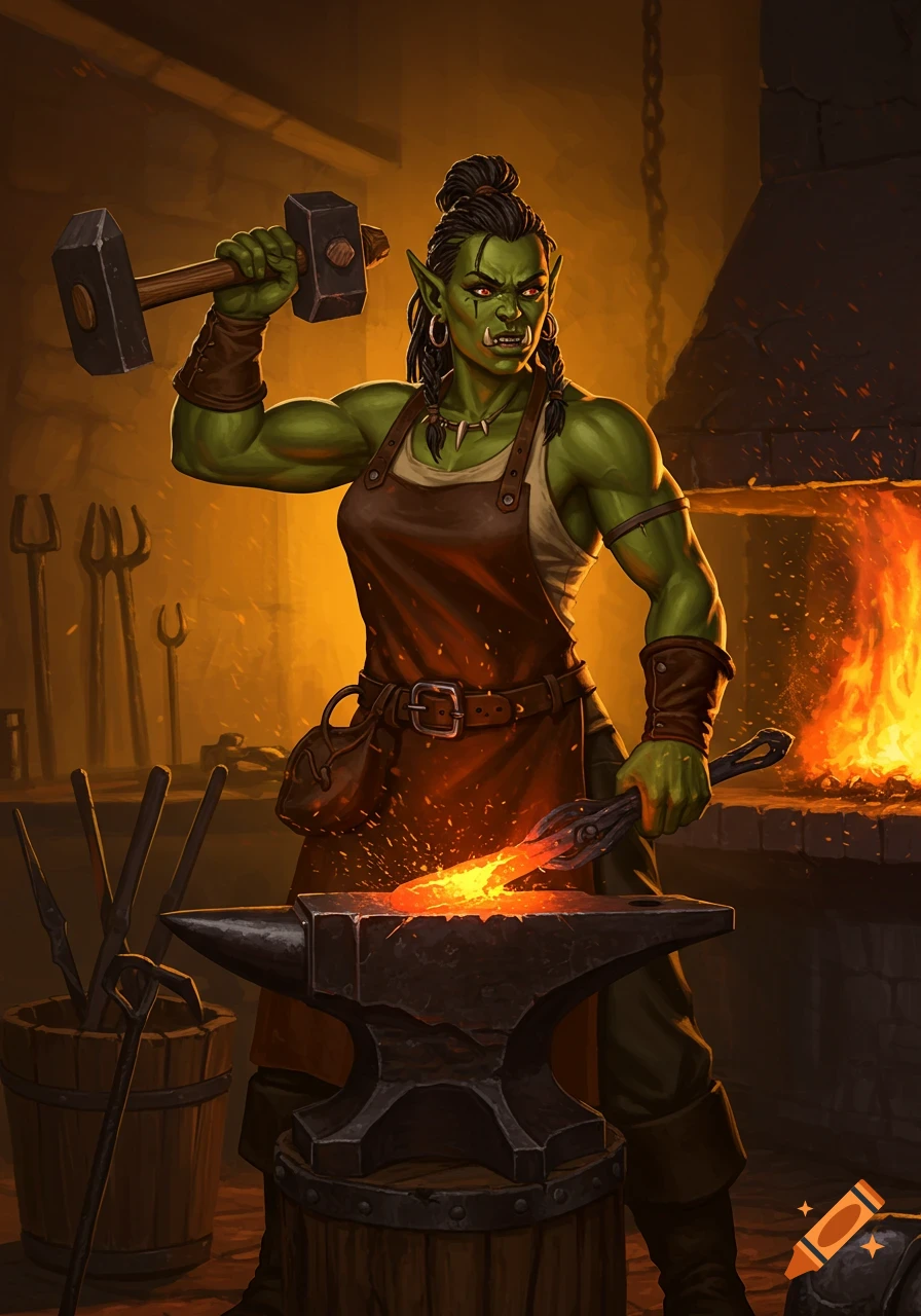 A strong female orc blacksmith with a broken tusk, hammering glowing metal on an anvil in a fiery forge.